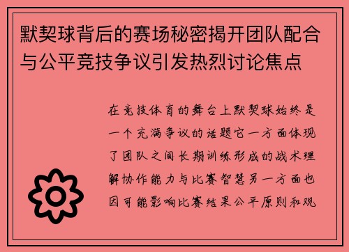 默契球背后的赛场秘密揭开团队配合与公平竞技争议引发热烈讨论焦点